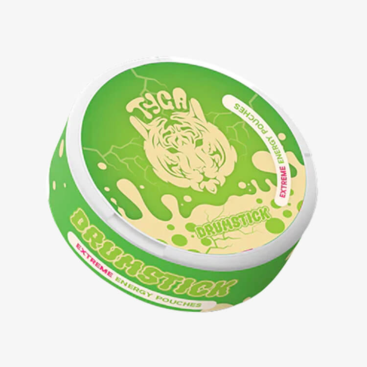 A pack of Tyga Extreme Energy Pouches with a green color and an image of a tiger on the lid. The pack is labeled as '20 Pouches' and indicates the product contains caffeine.