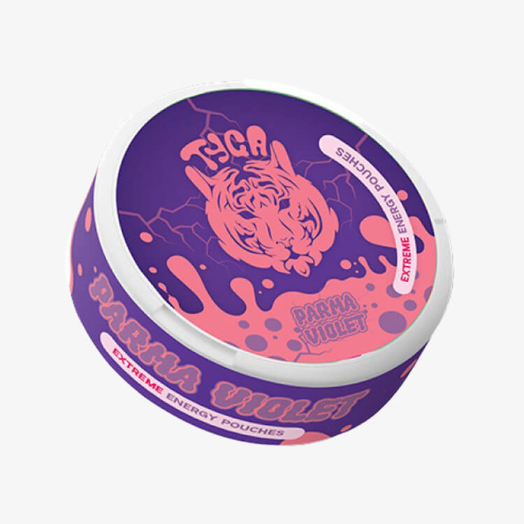 A pack of Tyga Extreme Energy Pouches with a purple color and an image of a tiger on the lid. The pack is labeled as '20 Pouches' and indicates the product contains caffeine.