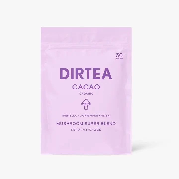 A purple package of Dirtea Cacao - Mushroom Superblend with a label indicating it contains 30 servings of a hot chocolate blend with Tremella, Lion's Mane, and Reishi mushrooms.