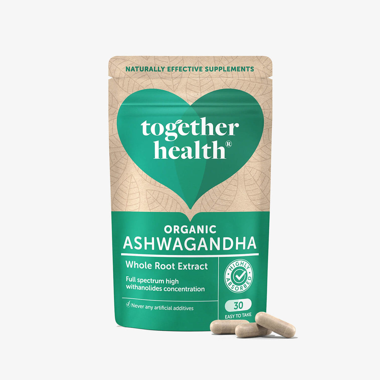 Packaging of Together Health Organic Ashwagandha Whole Root Extract with 30 capsules displayed in front.
