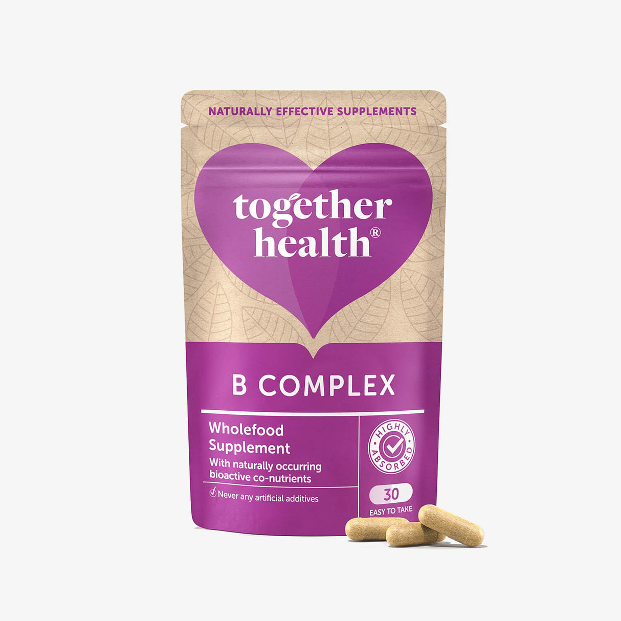 Packaging of Together Health B Complex supplement with capsules visible in front of the package.