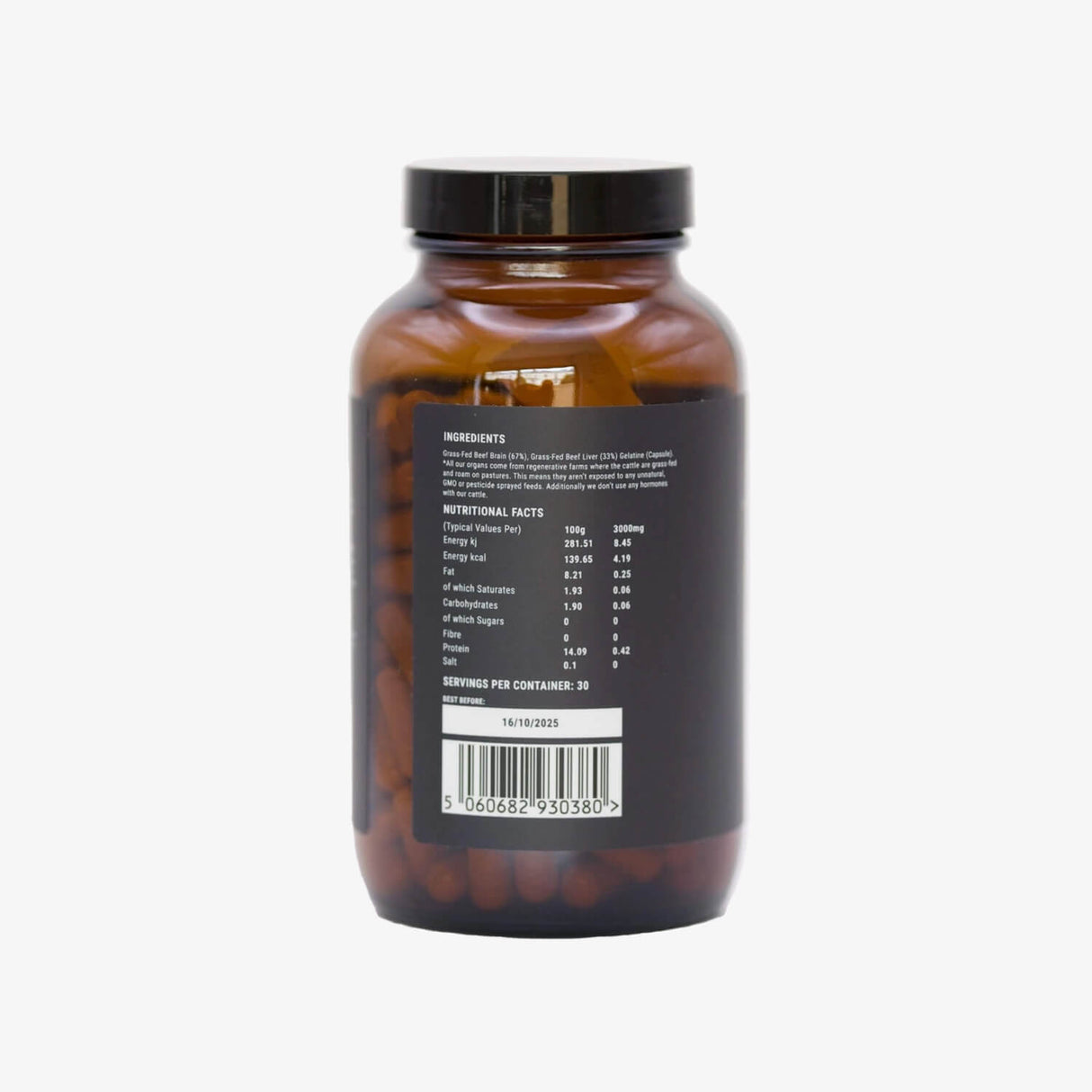Beef Brain supplement bottle with nutritional info label