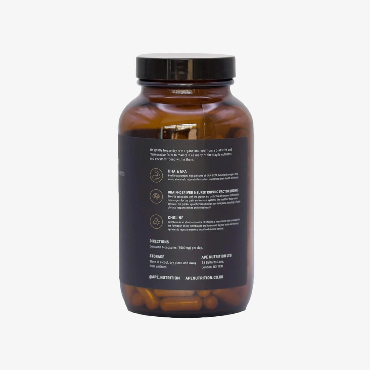 Beef Brain supplement bottle with nutritional info label