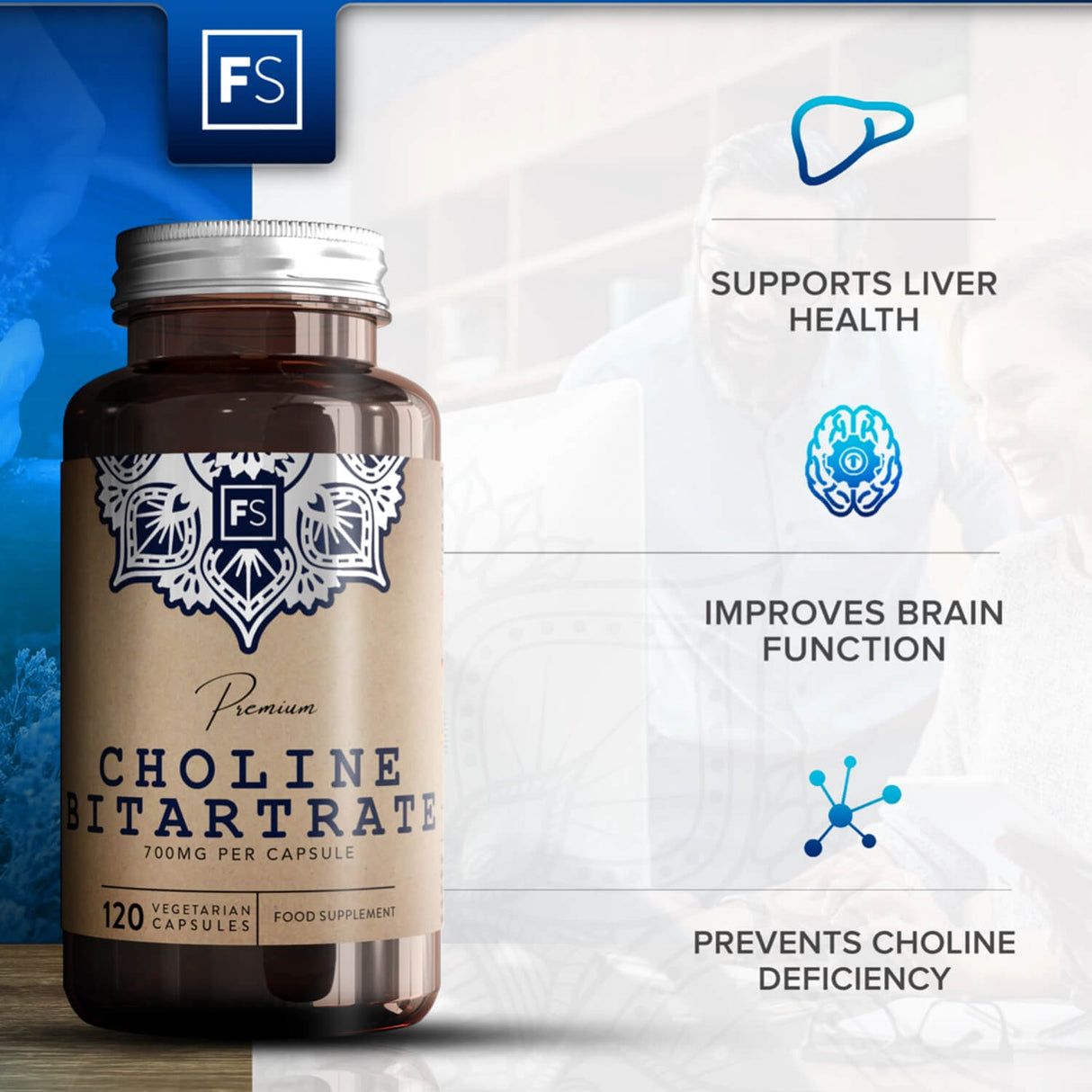 Choline bottle by Focus Supplements next to benefits icons
