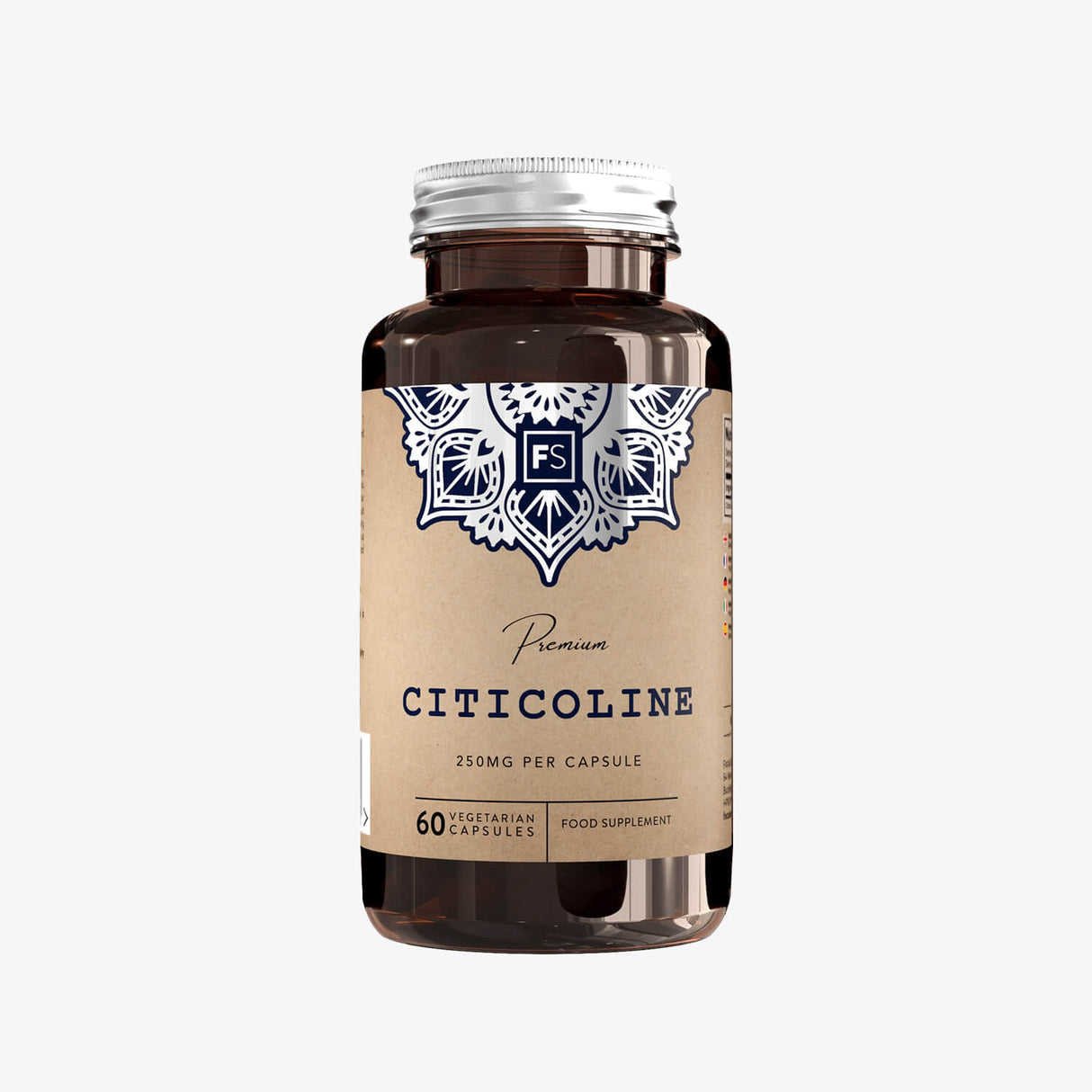 A bottle of Focus Supplements Citicoline CDP Choline with 60 capsules, featuring a label with a decorative pattern and the product name prominently displayed.