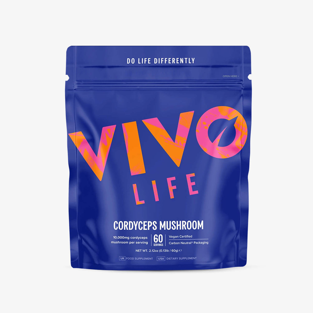 A blue package of Vivo Life Cordyceps Mushroom powder with colorful text on the front.