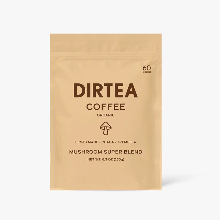 A package of DIRTEA Coffee Organic Mushroom Super Blend with the text 'Lion's Mane + Chaga + Tremella' and 'MUSHROOM SUPER BLEND' on the front.