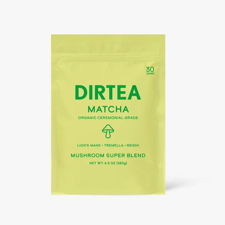 A yellow package of DIRTEA Matcha - Mushroom Superblend with green text and branding.
