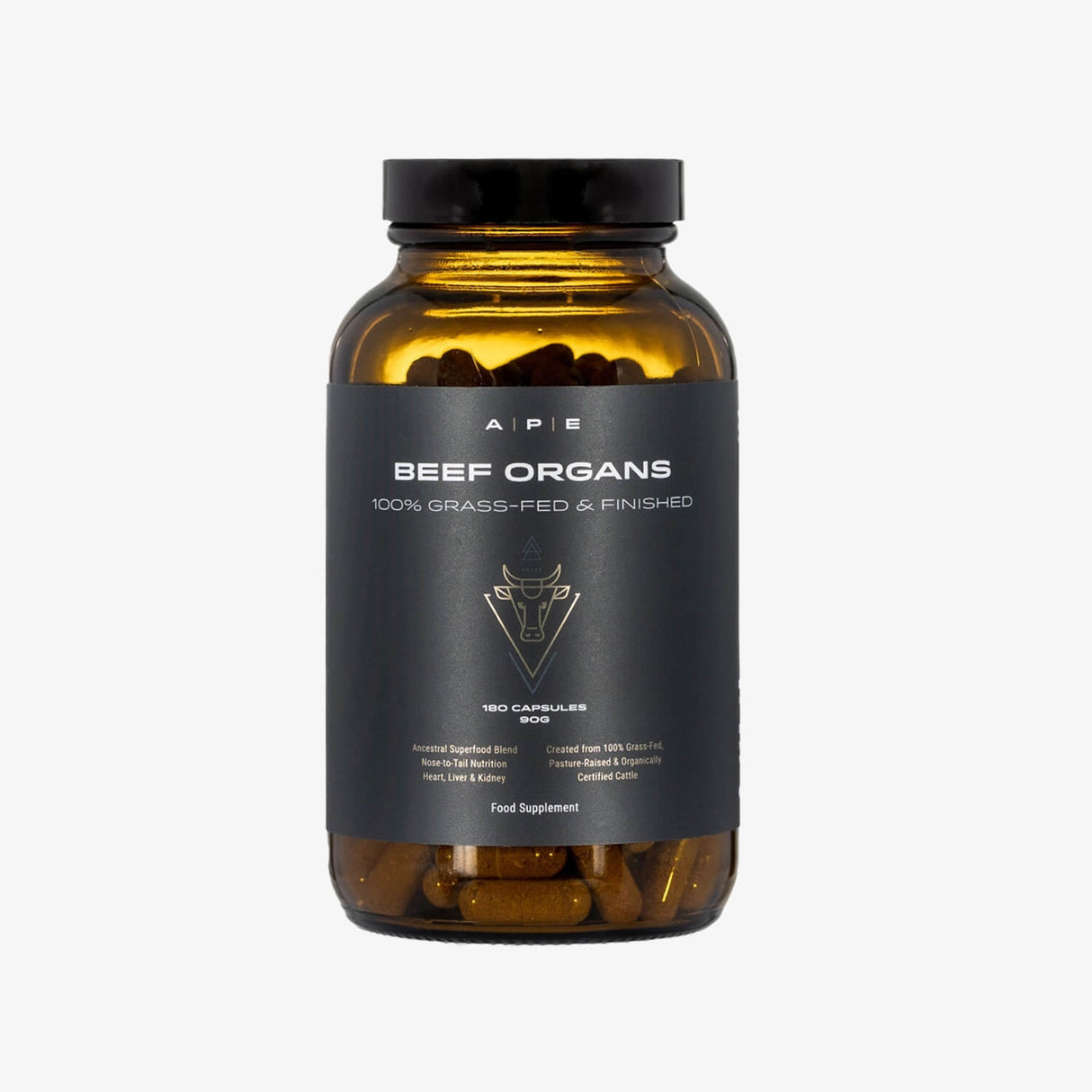 A bottle of APE Nutrition Beef Organs supplement, containing 180 capsules for internal use.
