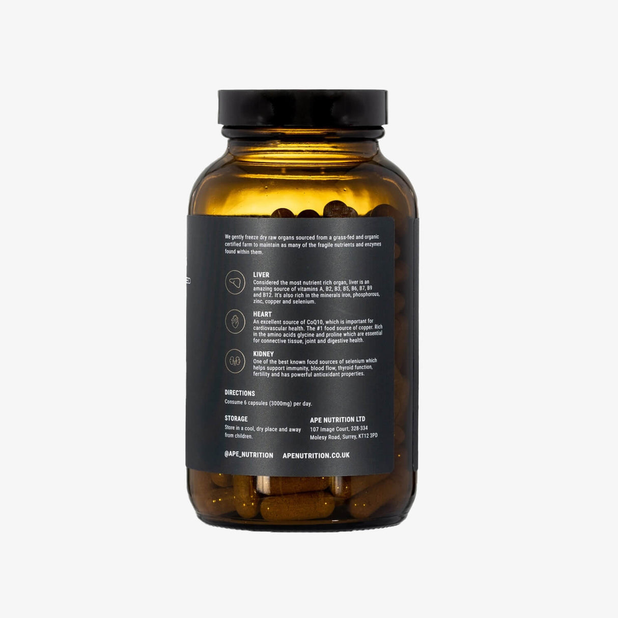 beef organ supplement bottle with nutritional info label