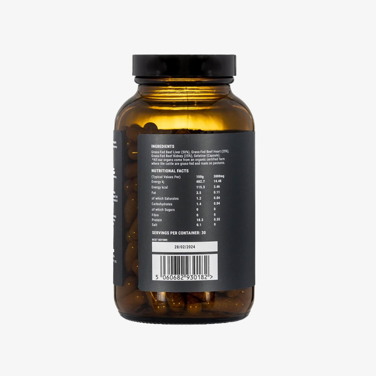 Beef Organ supplement bottle with nutritional info label