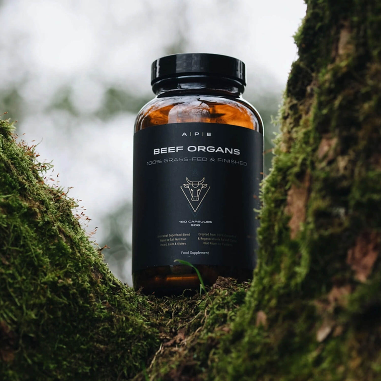 APE Nutrition bottle labeled 'Beef Organs' on mossy background