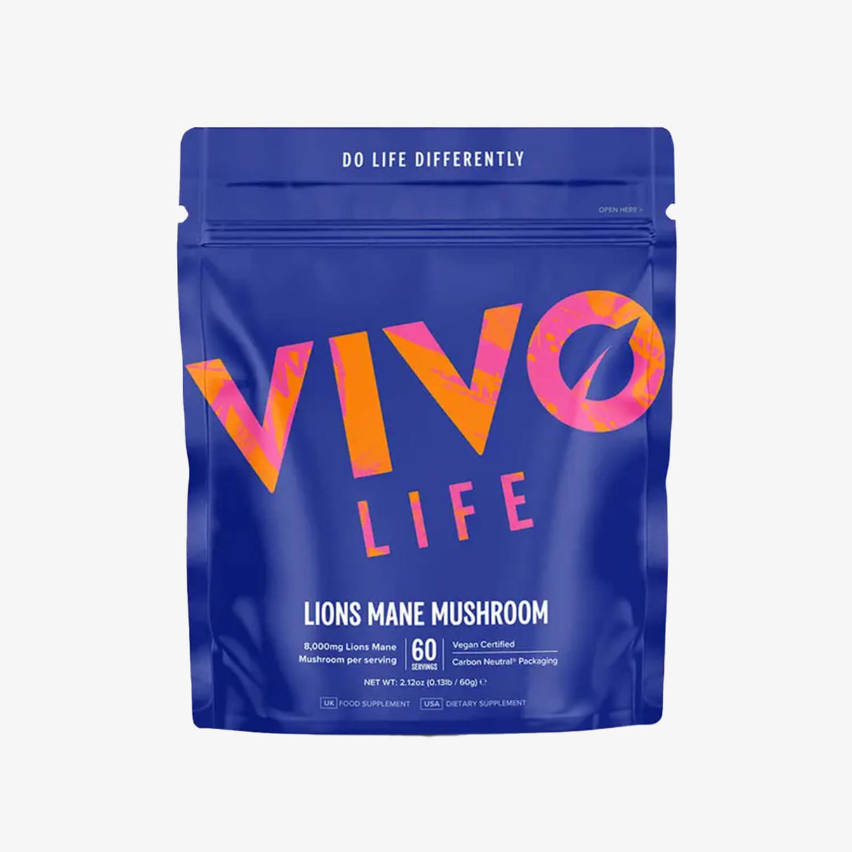A blue package of Vivo Life Lion's Mane Mushroom supplement with colorful text and branding.