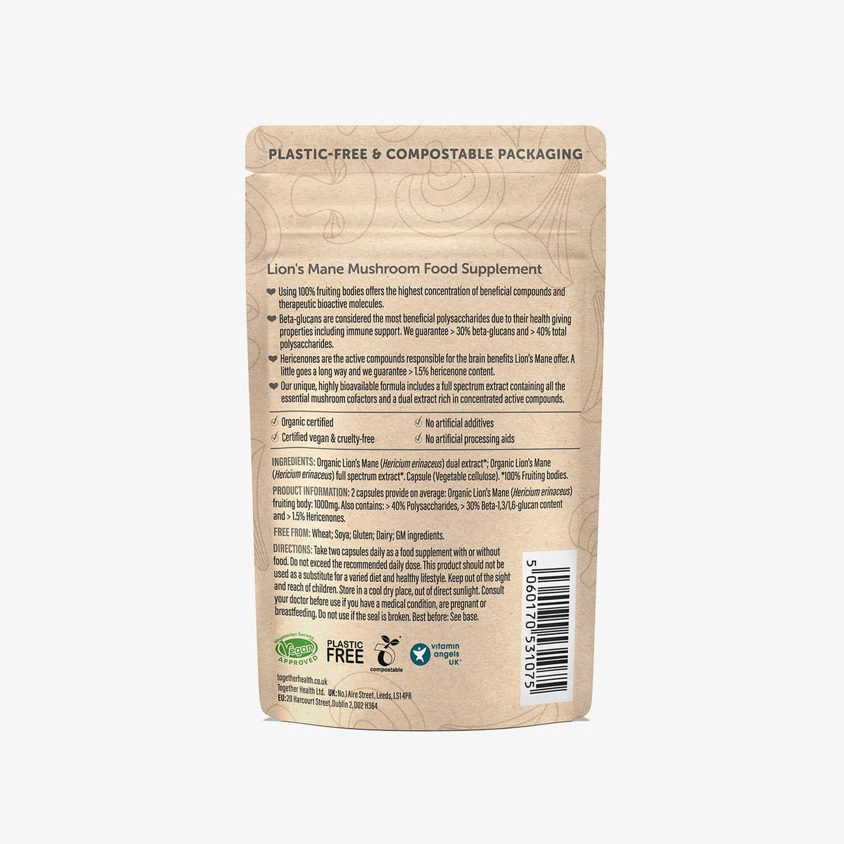 Lions Mane Together Health supplement packaging nutritional info label