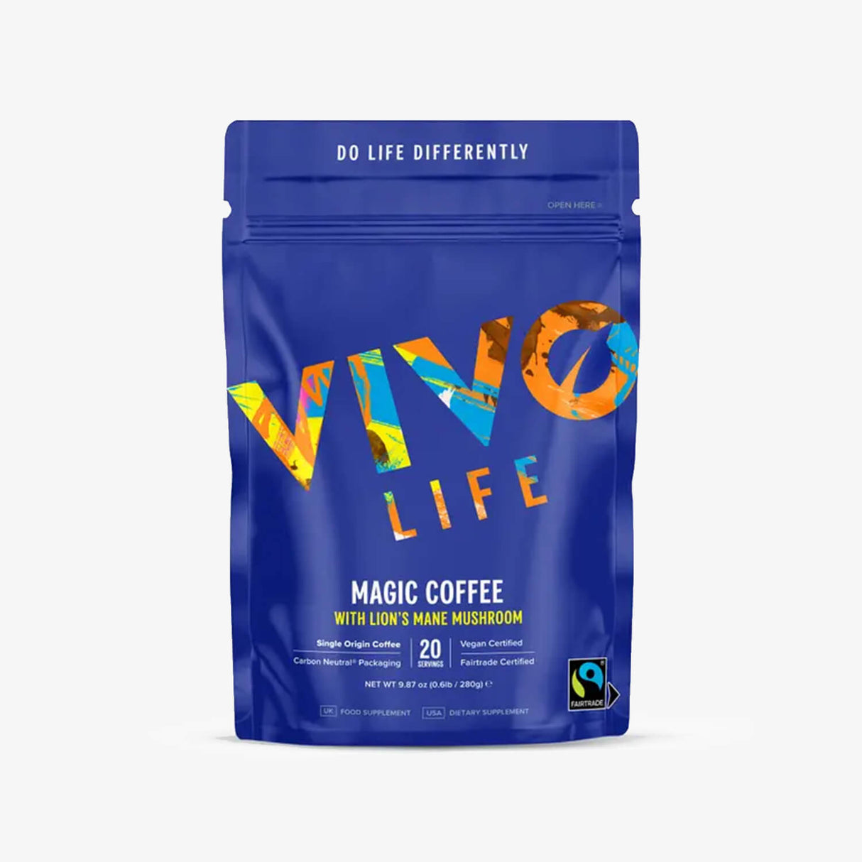 A blue package of Vivo Life Magic Coffee with Lion's Mane Mushroom, featuring colorful text and branding.