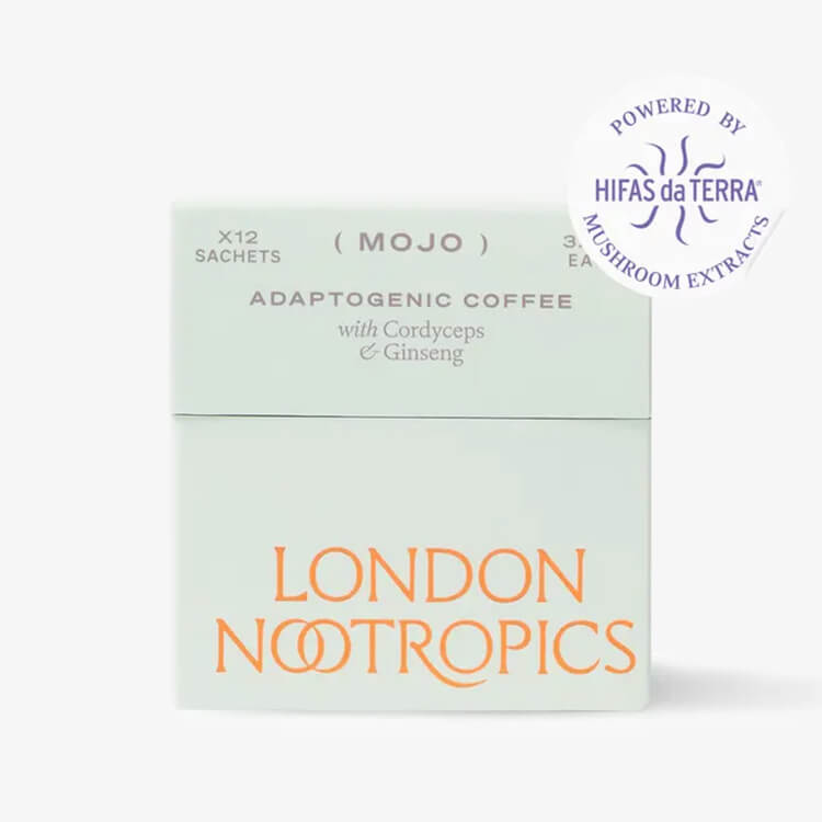 Box of Mojo Cordyceps Mushroom Coffee by London Nootropics with 12 sachets. packaging is predominantly white with green and orange text and branding.