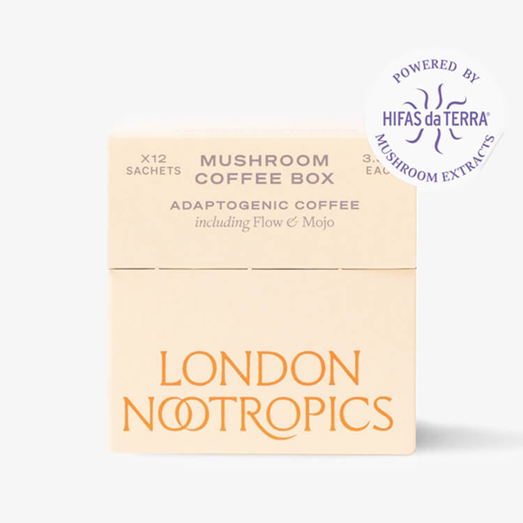 Packaging of 'Mushroom Coffee Box' by London Nootropics with text detailing the product as adaptogenic coffee including flow and mojo.