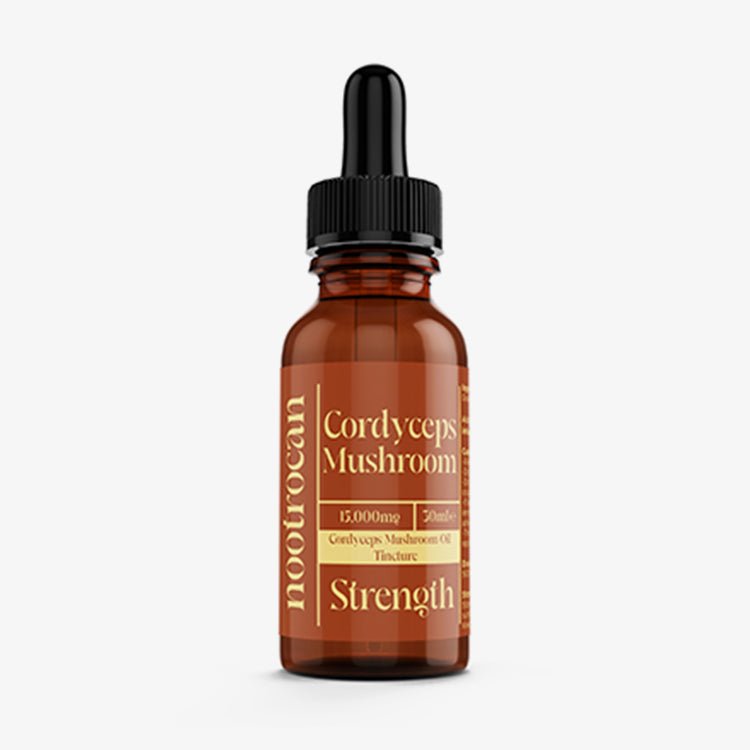 A brown glass bottle with a dropper containing Cordyceps Mushroom Nootropic Tincture, labeled 'Nootrocan Strength' with text indicating 15,000mg strength.