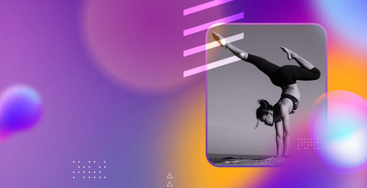 Gymnast performing a handstand on a colorful abstract background