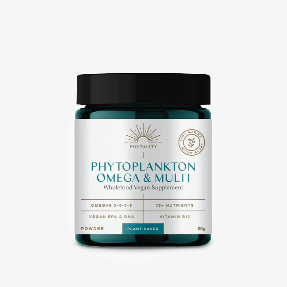 Powder supplement jar labeled 'Phytoplankton Omega & Multi' on a white background
