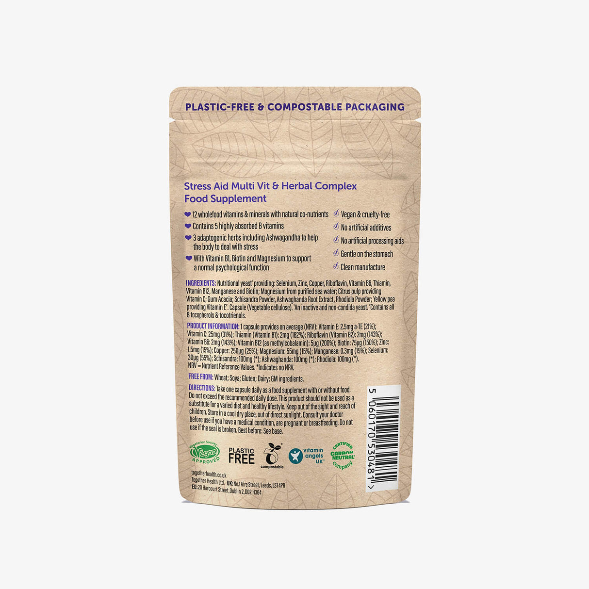 Stress Aid Together Health supplement packaging nutritional info label