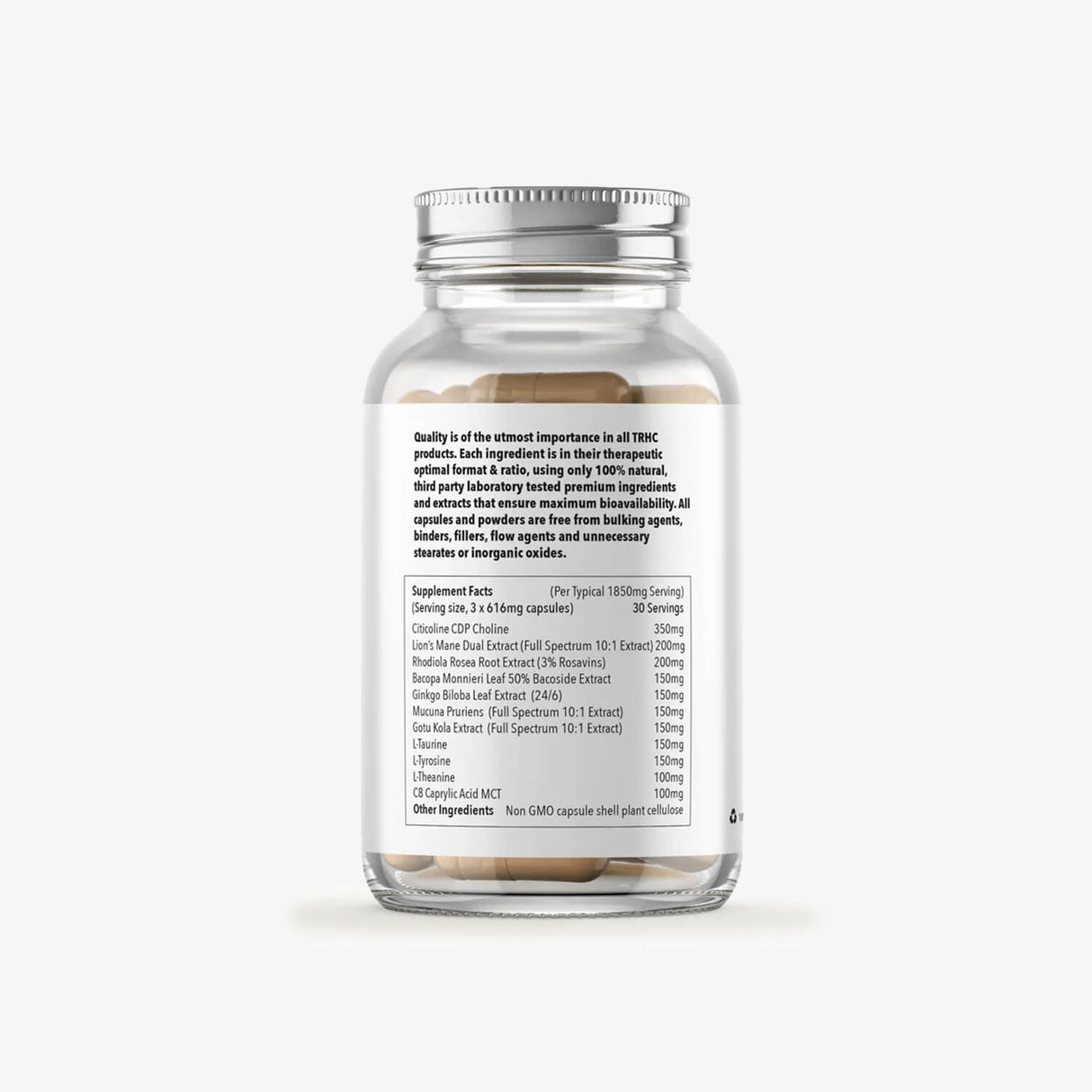 TRHC Limitless Brain Boosting Formula nutritional info label on bottle