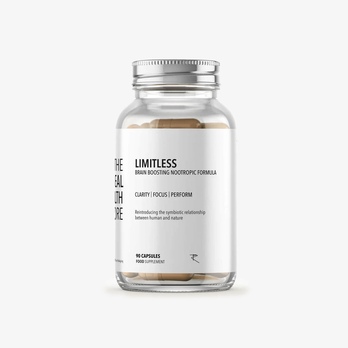 Glass supplement bottle labeled 'Limitless' on a white background