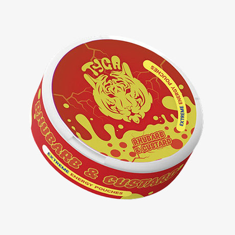 A pack of Tyga Extreme Energy Pouches with an image of a tiger on the lid. The pack is labeled as '20 Pouches' and indicates the product contains caffeine.