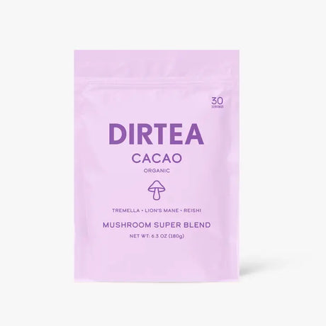 A purple package of Dirtea Cacao - Mushroom Superblend with a label indicating it contains 30 servings of a hot chocolate blend with Tremella, Lion's Mane, and Reishi mushrooms.