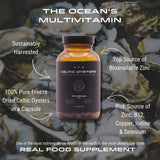 Celtic Oysters supplement bottle with oyster background and text highlighting benefits