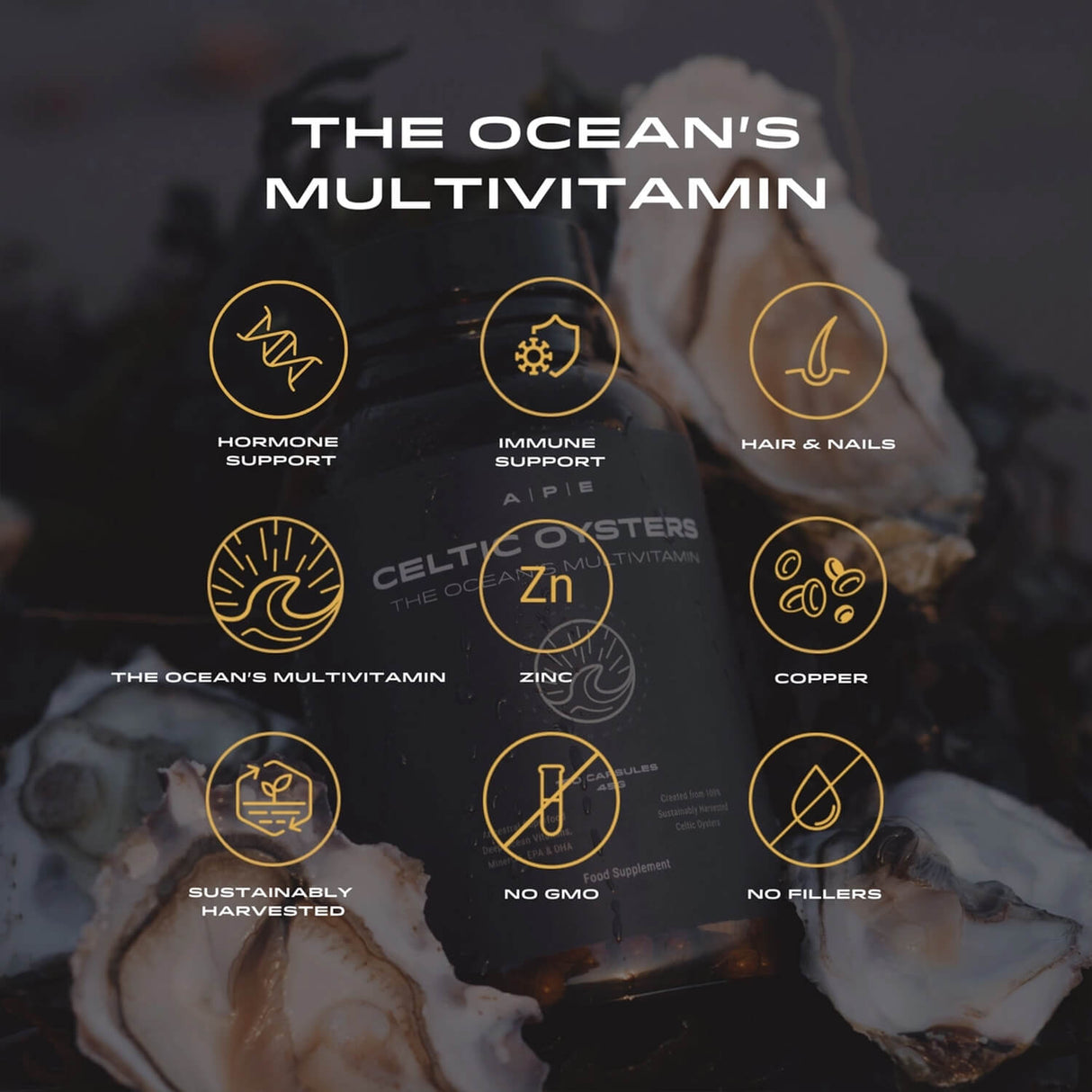 Oyster packaging with 'The Ocean's Multivitamin' branding and health benefits listed.