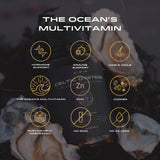 Oyster packaging with 'The Ocean's Multivitamin' branding and health benefits listed.