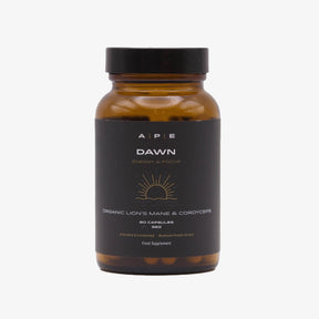 A bottle of Dawn by APE Nutrition, containing 80 capsules of organic Lion's Mane & Cordyceps mushroom powders.