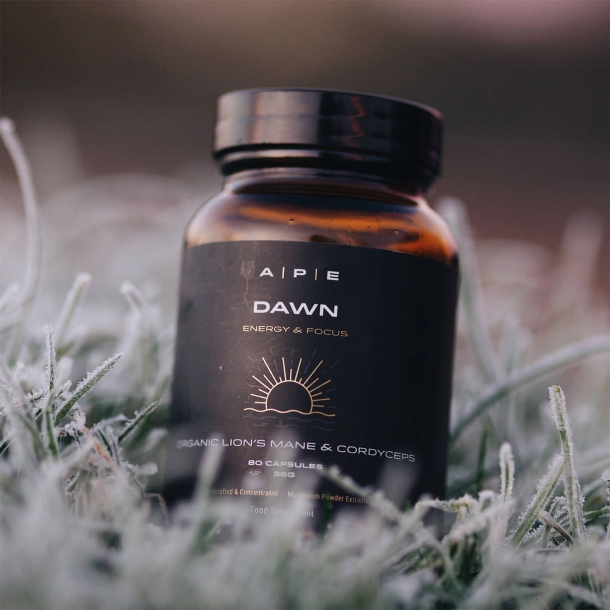 Supplement bottle labeled 'Dawn' on grass with frost.