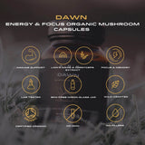 Bottle of energy and focus organic mushroom capsules with feature icons.