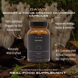 Bottle of Dawn APE Nutrition organic mushroom capsules with text highlighting benefits and certification.