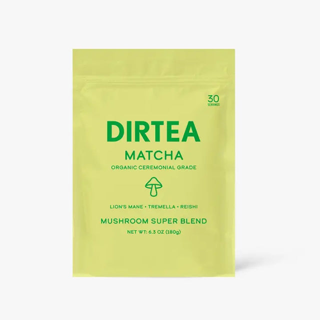 A yellow package of DIRTEA Matcha - Mushroom Superblend with green text and branding.