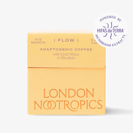 Packaging of Flow Lions Mane Mushroom Coffee by London Nootropics, featuring a yellow box with product name and description.