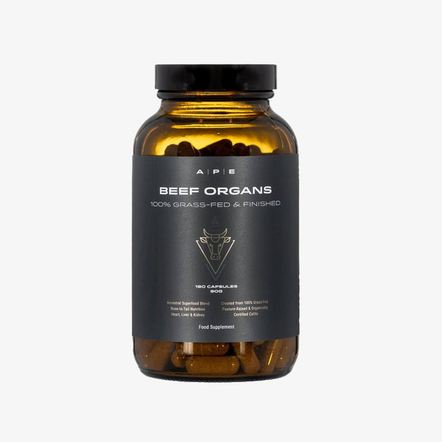 A bottle of APE Nutrition Beef Organs supplement, containing 180 capsules for internal use.