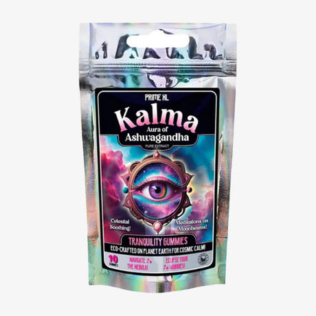A packet of Innooova Kalma Pure Ashwaghanda Extract Gummies with a colorful design, featuring an eye and abstract shapes, indicating the product is for stress reduction and immune support.
