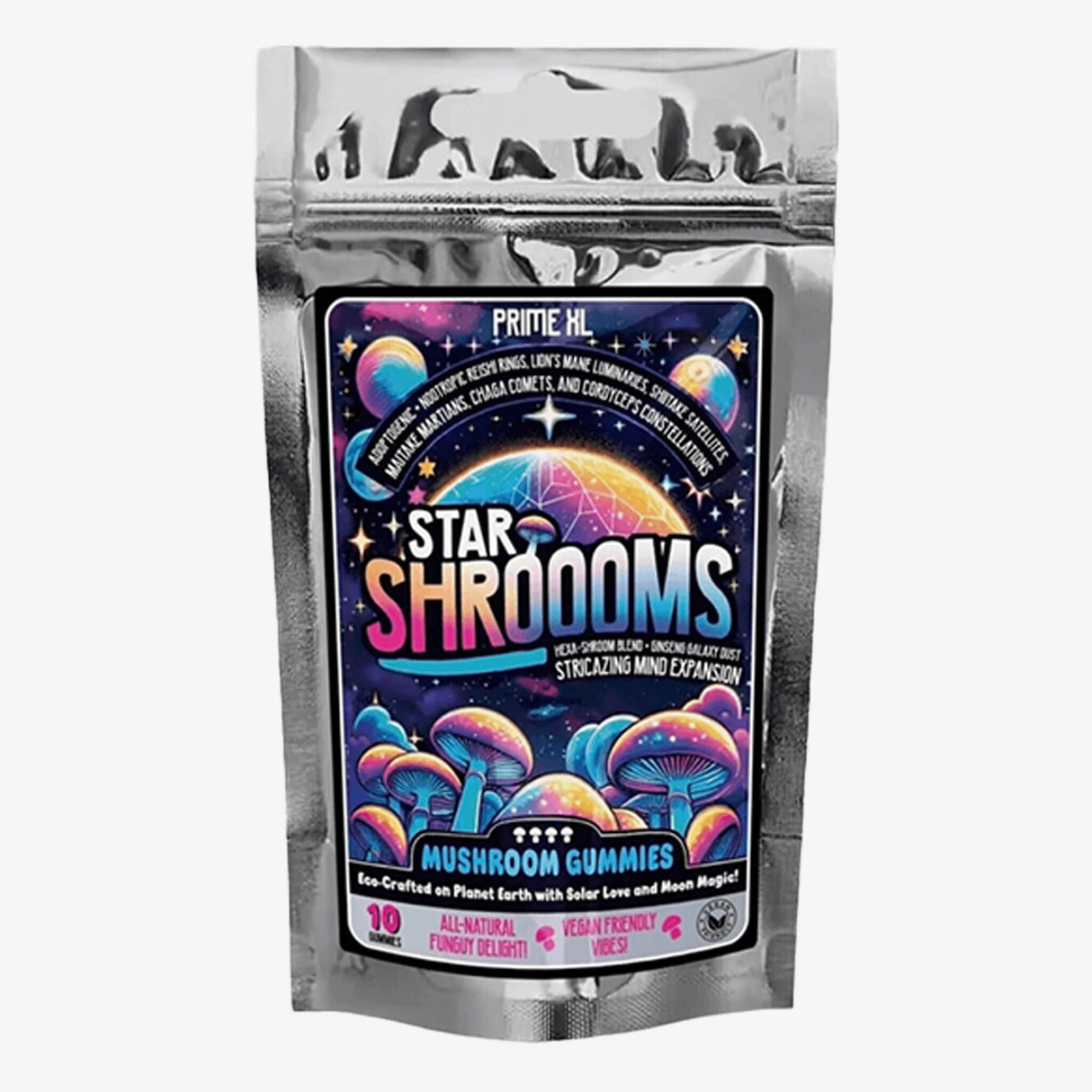 Packaging of Innooova StarShrooms Nootropic + Adaptagenic Mushroom Gummies with colorful graphics and text displaying the product name and benefits.