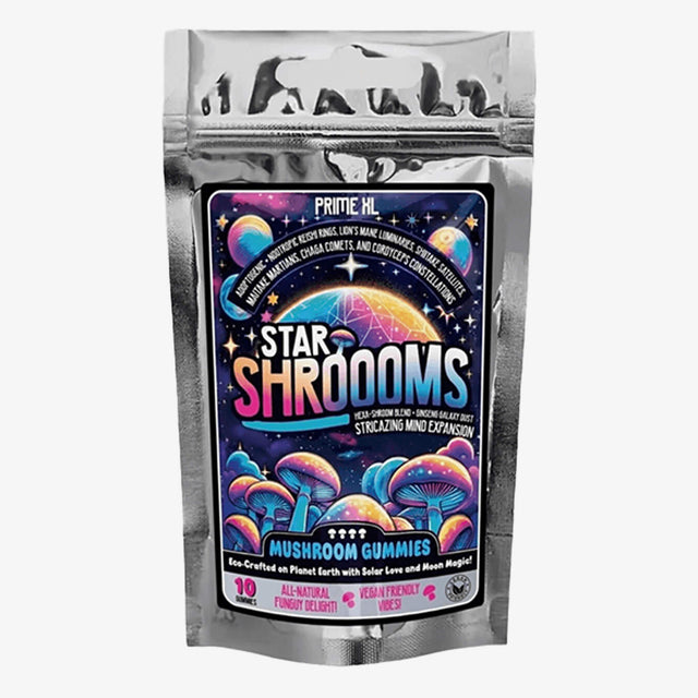 Packaging of Innooova StarShrooms Nootropic + Adaptagenic Mushroom Gummies with colorful graphics and text displaying the product name and benefits.