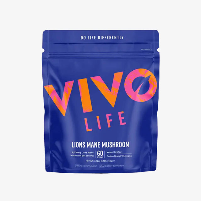 A blue package of Vivo Life Lion's Mane Mushroom supplement with colorful text and branding.