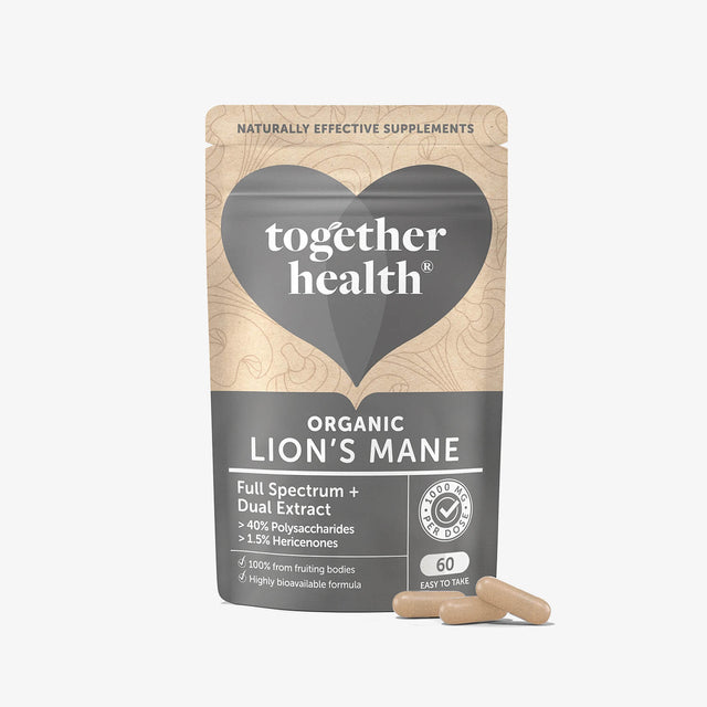 Packaging of Together Health Organic Lion's Mane supplement with capsules spilling out in front.