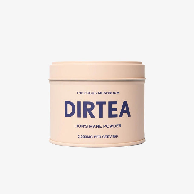 Dirtea mushroom powder container on a white background