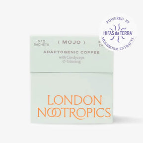 Box of Mojo Cordyceps Mushroom Coffee by London Nootropics with 12 sachets. packaging is predominantly white with green and orange text and branding.