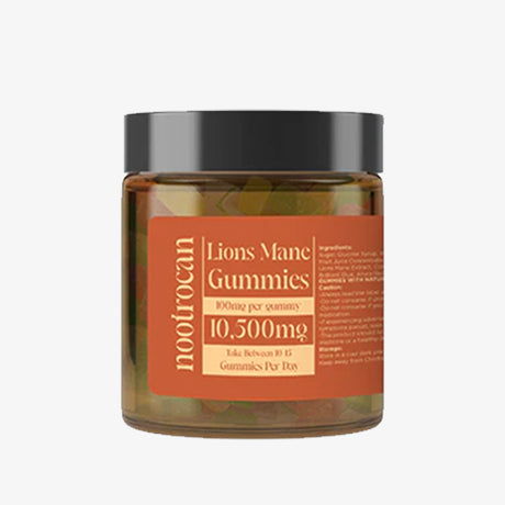 A jar of Nootrocan Lion's Mane Gummies with 10500mg nootropic per gummy, indicating 450g of product inside.