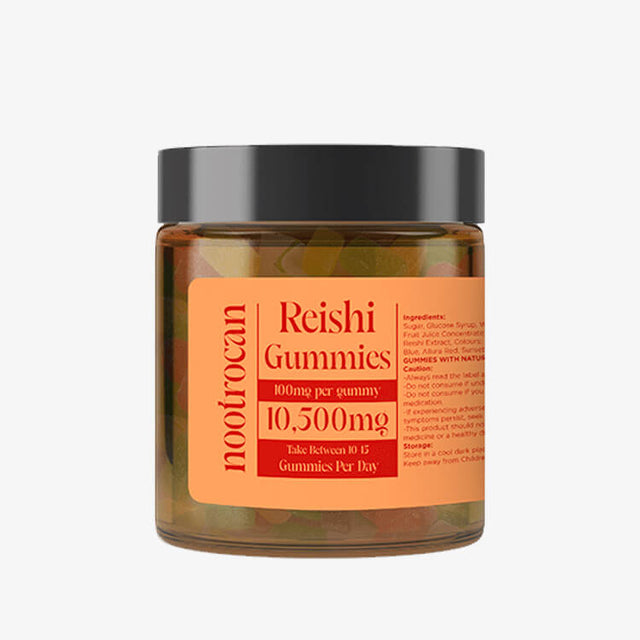 A jar of Nootrocan Reishi Gummies with 10500mg dosage per container, clearly labeled with its contents and benefits.