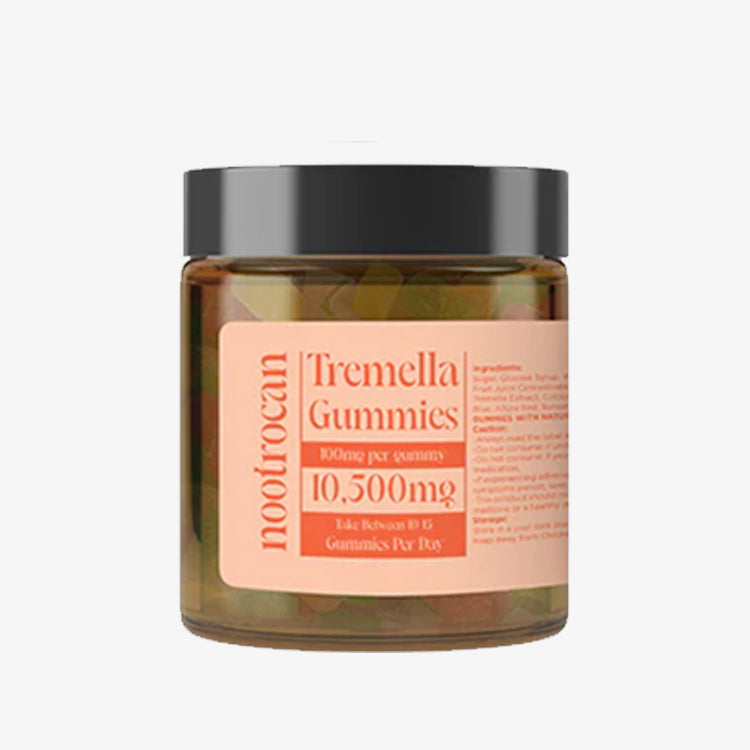 A jar of Nootrocan Tremella Gummies with a pink label, indicating 10500mg nootropic content.