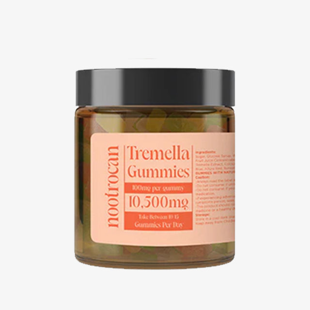 A jar of Nootrocan Tremella Gummies with a pink label, indicating 10500mg nootropic content.